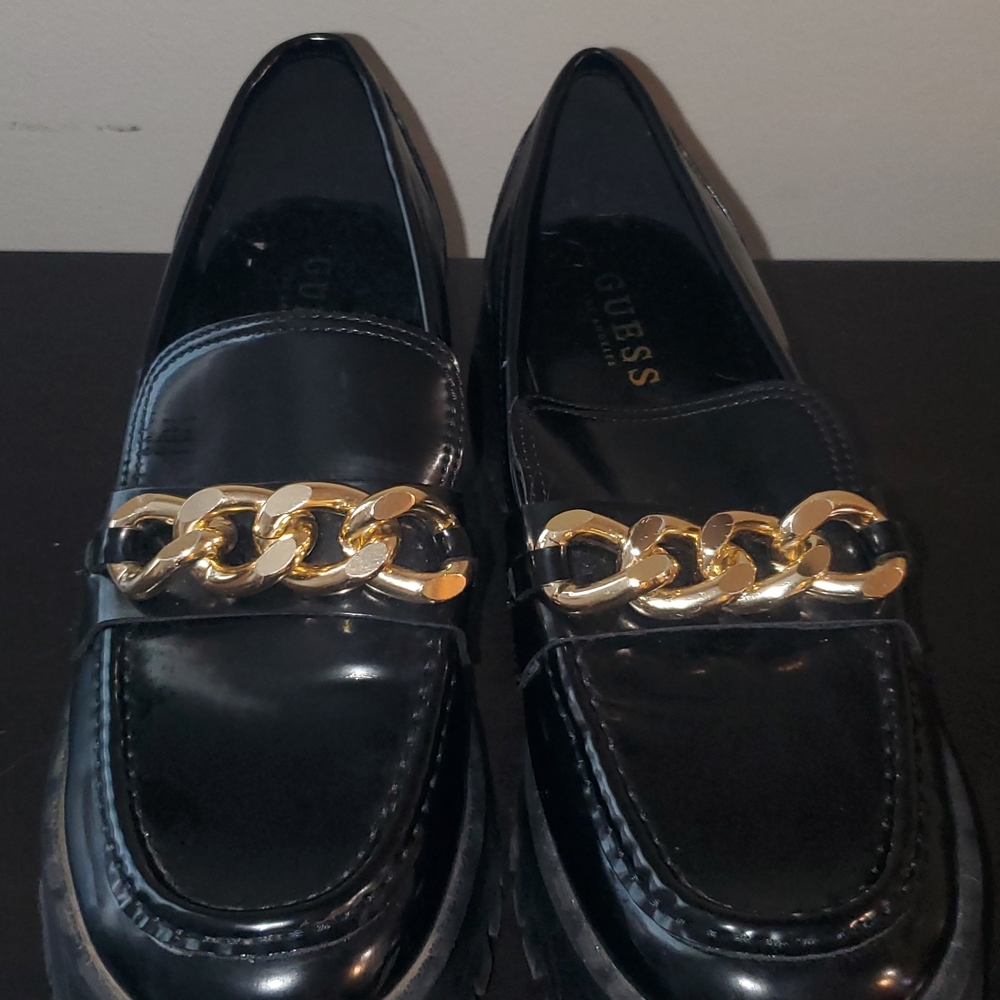 GUESS Shiny Black Loafers with Gold Chain Accent